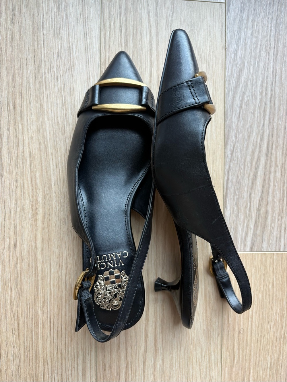 Black Pointed Slingback Flats with Gold Buckle - Picture 4 of 5